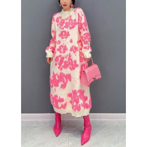 Art White Hign Neck Floral Jacquard Knit Loose Sweater Dress Winter