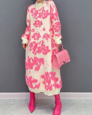 Art White Hign Neck Floral Jacquard Knit Loose Sweater Dress Winter