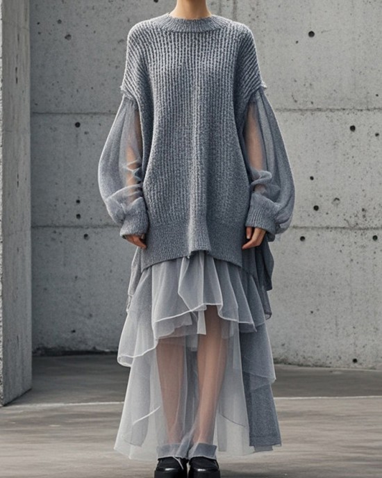 Bohemian Grey Oversized Patchwork Tulle Sweater Dress Fall Bohemian Grey Oversized Patchwork Tulle Sweater Dress Fall