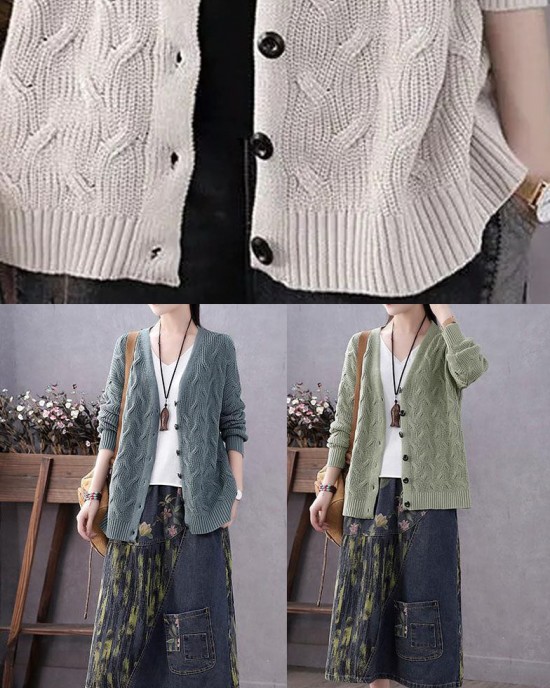 Art Blue V Neck Button Casual Fall Knit Sweater Coat