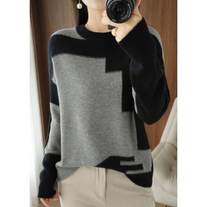 Women Grey Asymmetrical Patchwork Wool Knit Top Fall