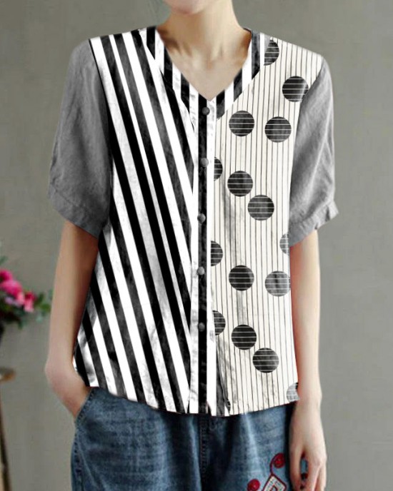 Loose Pink V Neck Embroideried Floral Summer Linen Shirt Loose Pink V Neck Embroideried Floral Summer Linen Shirt