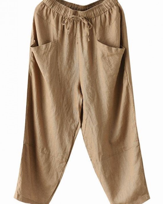 Art Khaki Tie Waist Pockets Summer Harem Pants Linen Art Khaki Tie Waist Pockets Summer Harem Pants Linen