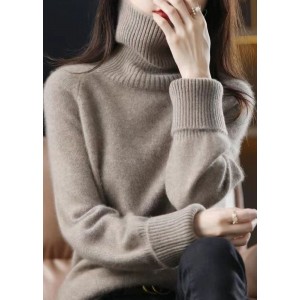 Unique Dark Camel High Neck Thick Cashmere Knit Sweater Tops Winter