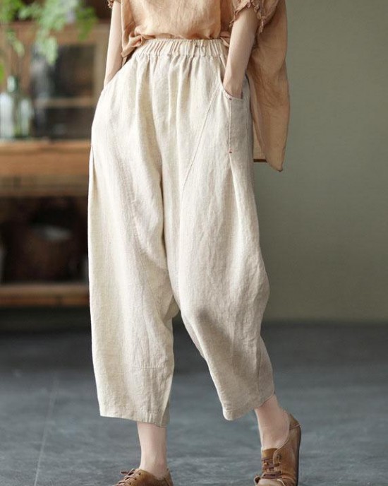 Natural Yellow Elastic Waist Summer Linen Harem Pants Natural Yellow Elastic Waist Summer Linen Harem Pants