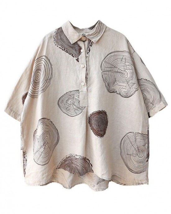 Vintage Beige Peter Pan Collar Print Summer Linen Blouses Half Sleeve Vintage Beige Peter Pan Collar Print Summer Linen Blouses Half Sleeve