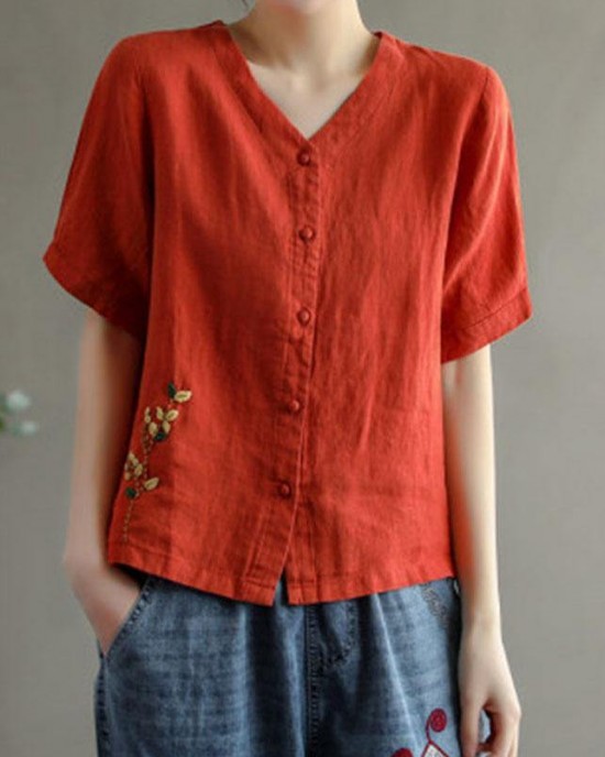 Loose Pink V Neck Embroideried Floral Summer Linen Shirt Loose Pink V Neck Embroideried Floral Summer Linen Shirt