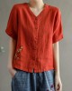 Loose Pink V Neck Embroideried Floral Summer Linen Shirt Loose Pink V Neck Embroideried Floral Summer Linen Shirt