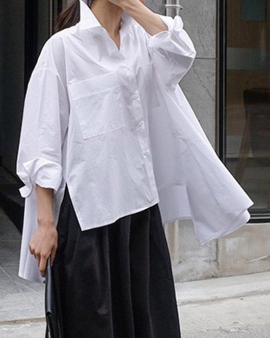Natural White Peter Pan Collar Low High Design Button Pockets Cotton Shirts Long Sleeve Natural White Peter Pan Collar Low High Design Button Pockets Cotton Shirts Long Sleeve