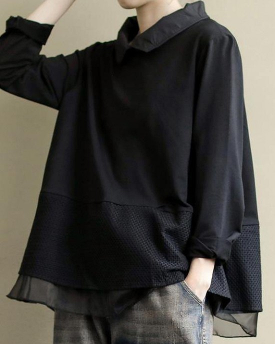 Plus Size Black Tops Lapel Patchwork Clothes Pattern Plus Size Black Tops Lapel Patchwork Clothes Pattern