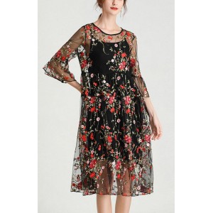 Plus Size Black Embroidery Lace Dress Half Sleeve Women Sets 2 Pieces