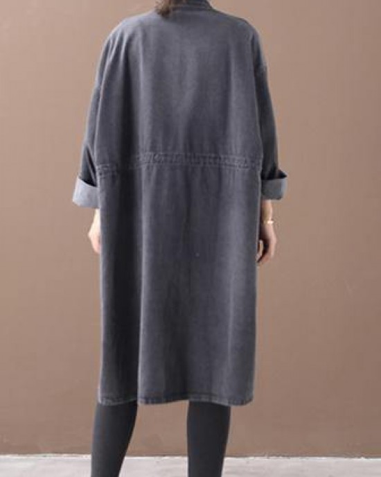 Simple stand collar drawstring Fashion tunic coat denim black Midi women coats Simple stand collar drawstring Fashion tunic coat denim black Midi women coats