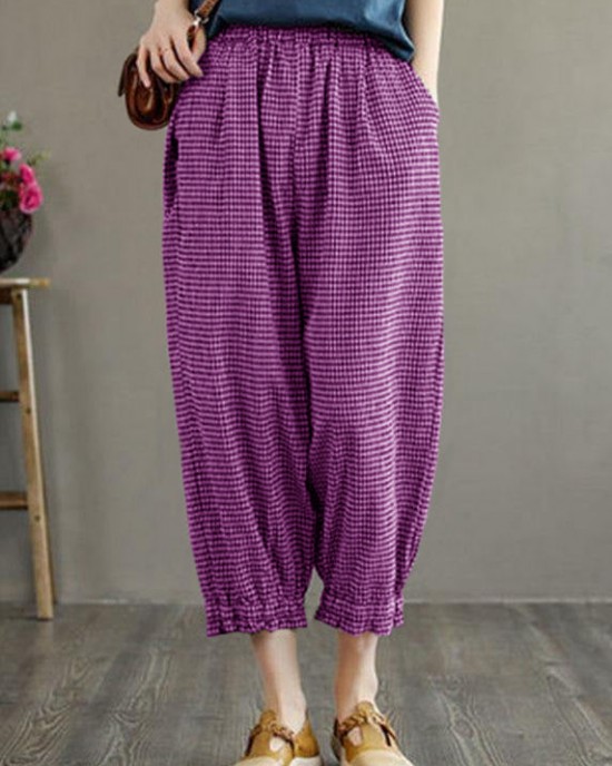 Bohemian Plaid Pockets Summer Linen Pants Bohemian Plaid Pockets Summer Linen Pants