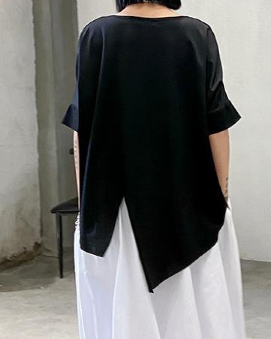 Unique black cotton clothes o neck asymmetric summer shirt Unique black cotton clothes o neck asymmetric summer shirt