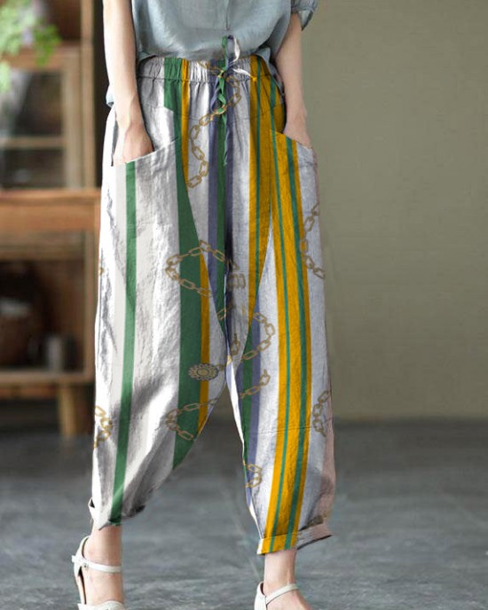 Art Khaki Tie Waist Pockets Summer Harem Pants Linen Art Khaki Tie Waist Pockets Summer Harem Pants Linen