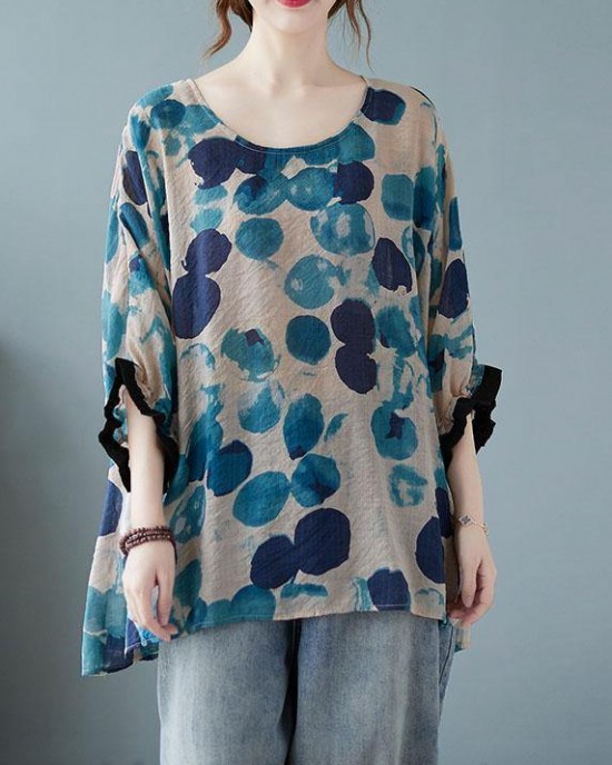 Loose Blue Dotted Batwing Sleeve Cotton Linen Tee Loose Blue Dotted Batwing Sleeve Cotton Linen Tee