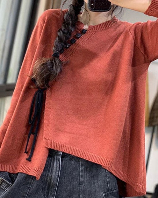 Casual Chocolate O-Neck Button Asymmetrical Design Fall Sweater Casual Chocolate O-Neck Button Asymmetrical Design Fall Sweater