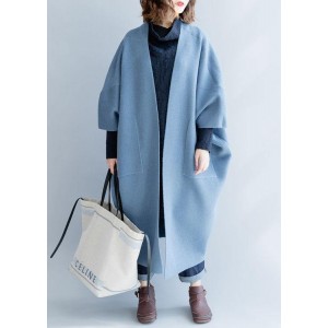 women blue wool overcoat Loose fitting long winter coat fall jackets Batwing Sleeve