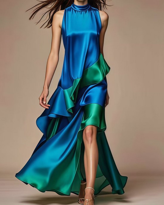 Italian Royal Blue Asymmetrical Patchwork Silk Dress Summer Italian Royal Blue Asymmetrical Patchwork Silk Dress Summer