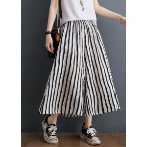 Plus Size Black White Striped Wide Leg Pants Summer Cotton