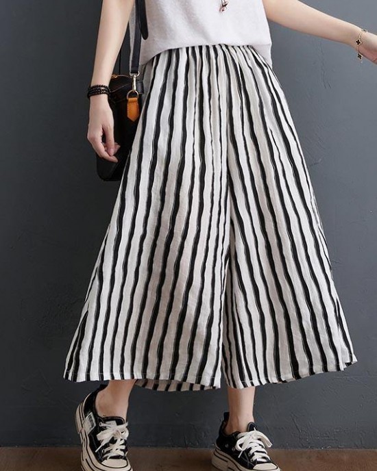 Plus Size Black White Striped Wide Leg Pants Summer Cotton Plus Size Black White Striped Wide Leg Pants Summer Cotton