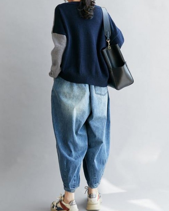 Vintage blue clothes v neck patchwork Loose fitting fall sweaters Vintage blue clothes v neck patchwork Loose fitting fall sweaters