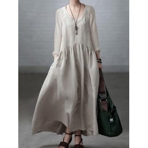 Simple and Loose V-neck Cotton and Linen Dress