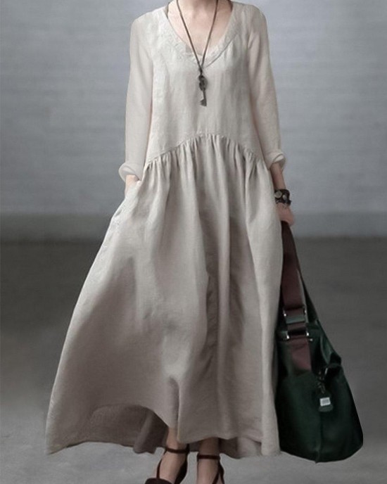 Simple and Loose V-neck Cotton and Linen Dress Simple and Loose V-neck Cotton and Linen Dress
