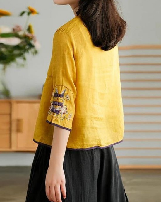 Women Yellow Casual Ramie Cardigan Embroidered Shirt Women Yellow Casual Ramie Cardigan Embroidered Shirt