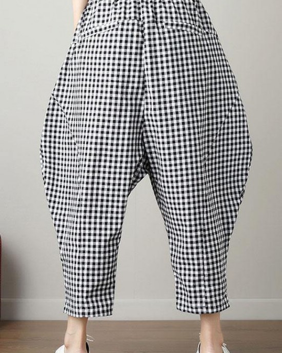 women black plaid casual cotton pants plus size big pockets crop pants women black plaid casual cotton pants plus size big pockets crop pants