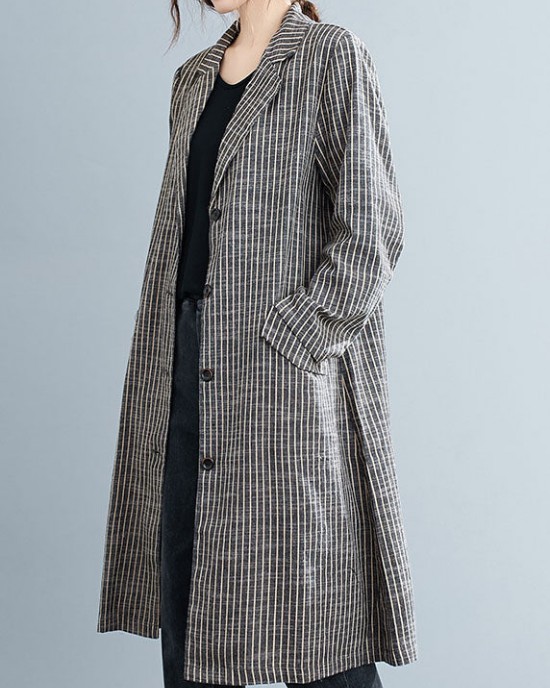 Plus Size Khaki PeterPan Collar Button Pockets Striped Fall Long sleeve Trench coats Plus Size Khaki PeterPan Collar Button Pockets Striped Fall Long sleeve Trench coats