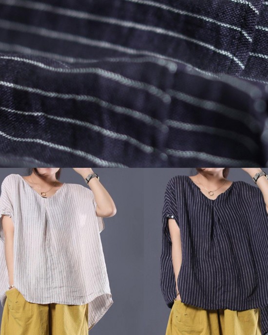 Beautiful blue striped linen clothes For Women v neck baggy summer top Beautiful blue striped linen clothes For Women v neck baggy summer top