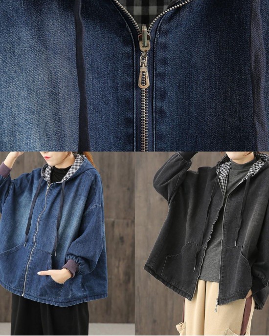 Chic denim black clothes hooded pockets baggy blouse Chic denim black clothes hooded pockets baggy blouse