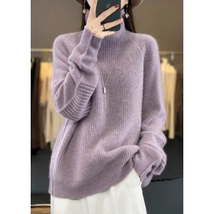 Loose Purple Turtleneck Cozy Cotton Knit Sweaters Long Sleeve