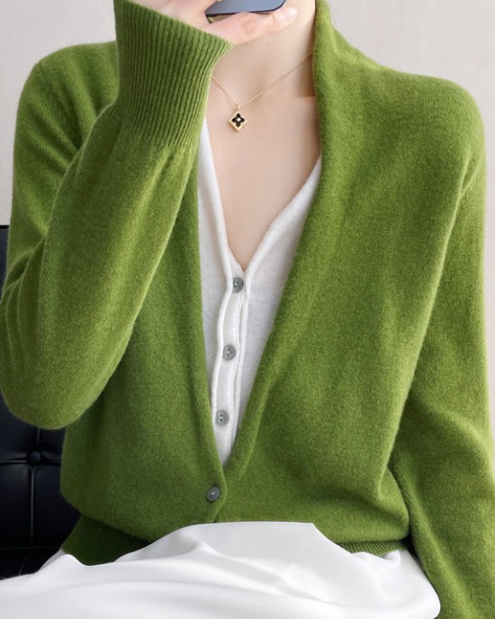 Women Green V Neck Button Patchwork Wool Knit Top Fall Women Green V Neck Button Patchwork Wool Knit Top Fall