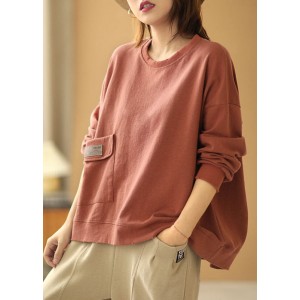 Comfy Brick Red Loose O-Neck Pockets Fall Sweatshirt Street Wear