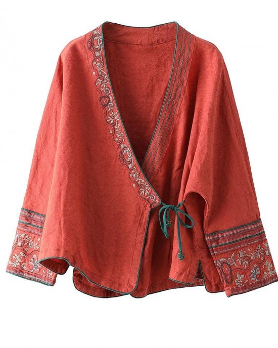 Women Red Embroideried Long sleeve Linen Shirt Women Red Embroideried Long sleeve Linen Shirt