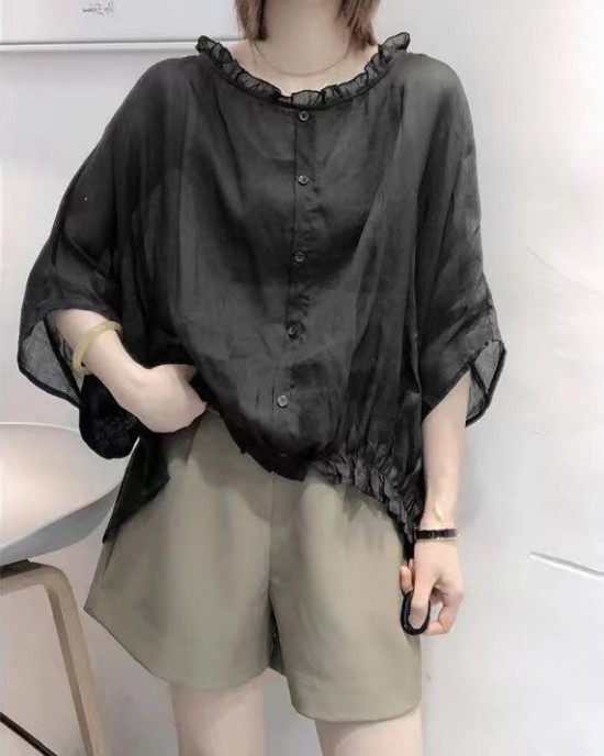 Art Navy Tops Ruffles Trim Half Sleeve Shirts Blouse Plus Size
