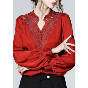 Elegant Red V Neck button Embroideried Patchwork Silk Shirt Top Spring
