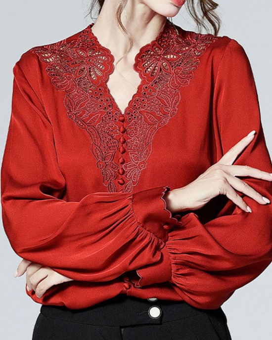 Elegant Red V Neck button Embroideried Patchwork Silk Shirt Top Spring Elegant Red V Neck button Embroideried Patchwork Silk Shirt Top Spring
