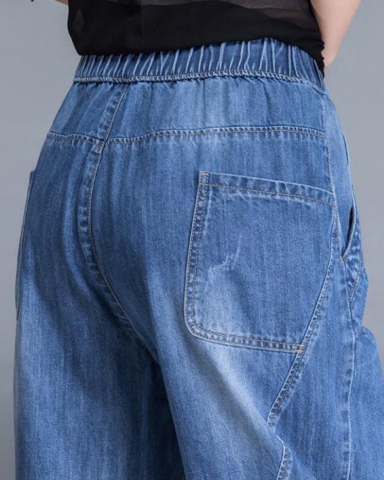 Plus Size Blue Pockets Patchwork lantern Fall Denim Pants Plus Size Blue Pockets Patchwork lantern Fall Denim Pants