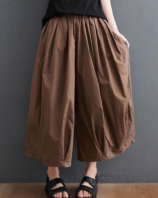 Plus Size Brown Pockets Wide Leg Pants Trousers Summer Cotton Linen Plus Size Brown Pockets Wide Leg Pants Trousers Summer Cotton Linen