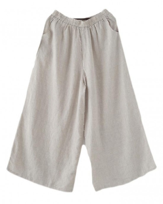 Handmade Beige Elastic Waist Wide Leg Linen Pants Handmade Beige Elastic Waist Wide Leg Linen Pants