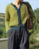 Women Green Button Patchwork Cozy Knit Top Long Sleeve Women Green Button Patchwork Cozy Knit Top Long Sleeve