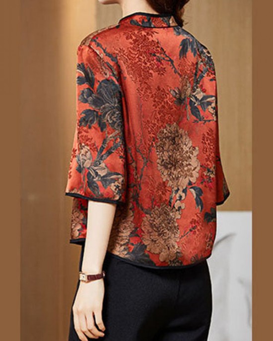 Vintage Red Mandarin Collar Print Silk Shirt Tops Half Sleeve Vintage Red Mandarin Collar Print Silk Shirt Tops Half Sleeve