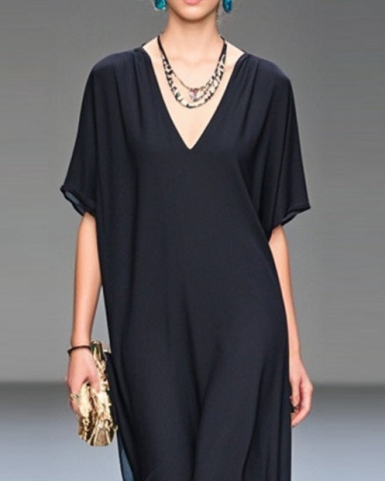 Italian Black V Neck Draping Chiffon Long Dress Summer Italian Black V Neck Draping Chiffon Long Dress Summer