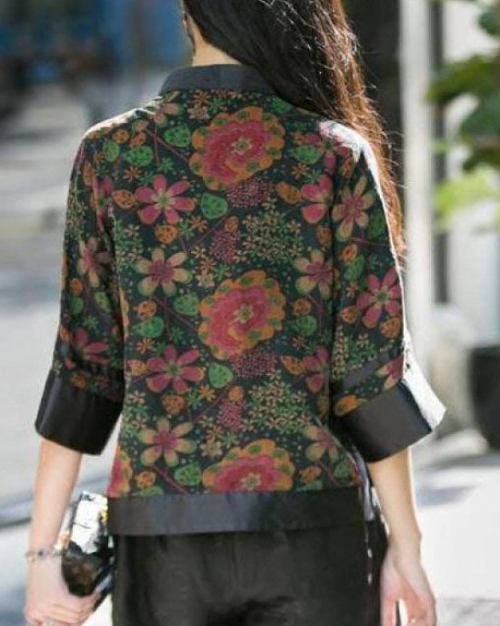 Modern black Stand Collar button print Patchwork Silk tops Spring Modern black Stand Collar button print Patchwork Silk tops Spring