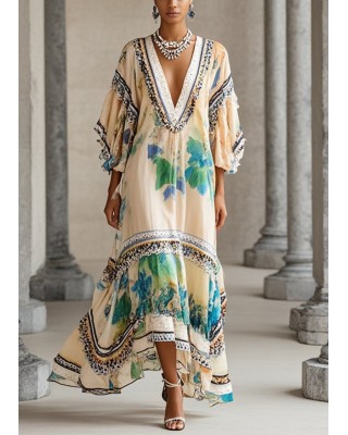 Beautiful Apricot V Neck Print Chiffon Holiday Dress Summer