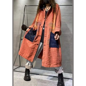 Handmade Orange Pockets Button Casual Fall Denim Long sleeve Coat