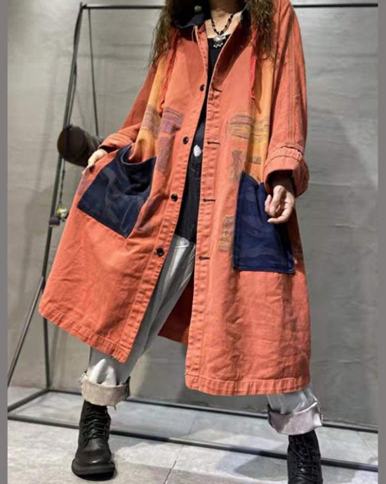 Handmade Orange Pockets Button Casual Fall Denim Long sleeve Coat Handmade Orange Pockets Button Casual Fall Denim Long sleeve Coat
